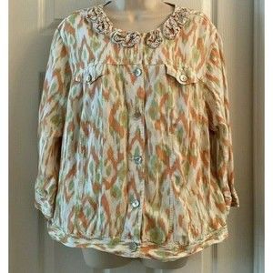 Ruby Rd Woman Linen Jacket 22W Striped Pink & Green Lightweight Ruffles …